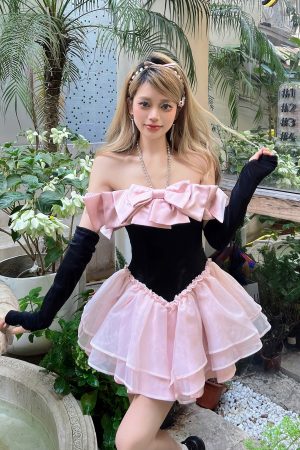 Princess Black Puff Skirt Dress with Bow and Diamond-Studded Neck, Fairy Tale Style for Birthdays, Y2K Fashion