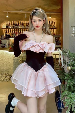 Princess Black Puff Skirt Dress with Bow and Diamond-Studded Neck, Fairy Tale Style for Birthdays, Y2K Fashion