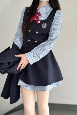 Pudding Bear JK Uniform Fake Two-Piece Shirt Dress - Waist-Cinching, Slimming Effect, College Style, Cute Short Set