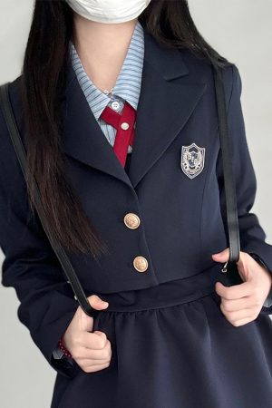 Pudding Bear JK Uniform Fake Two-Piece Shirt Dress - Waist-Cinching, Slimming Effect, College Style, Cute Short Set