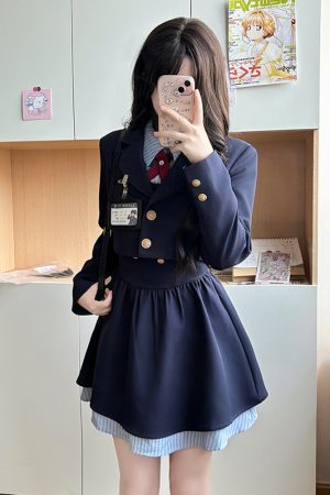 Pudding Bear JK Uniform Fake Two-Piece Shirt Dress - Waist-Cinching, Slimming Effect, College Style, Cute Short Set