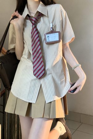 Pudding Bear Striped Long Sleeve JK Shirt Set for Women - Four-Piece Loose Short Sleeve Outfit, Cute Y2K Style