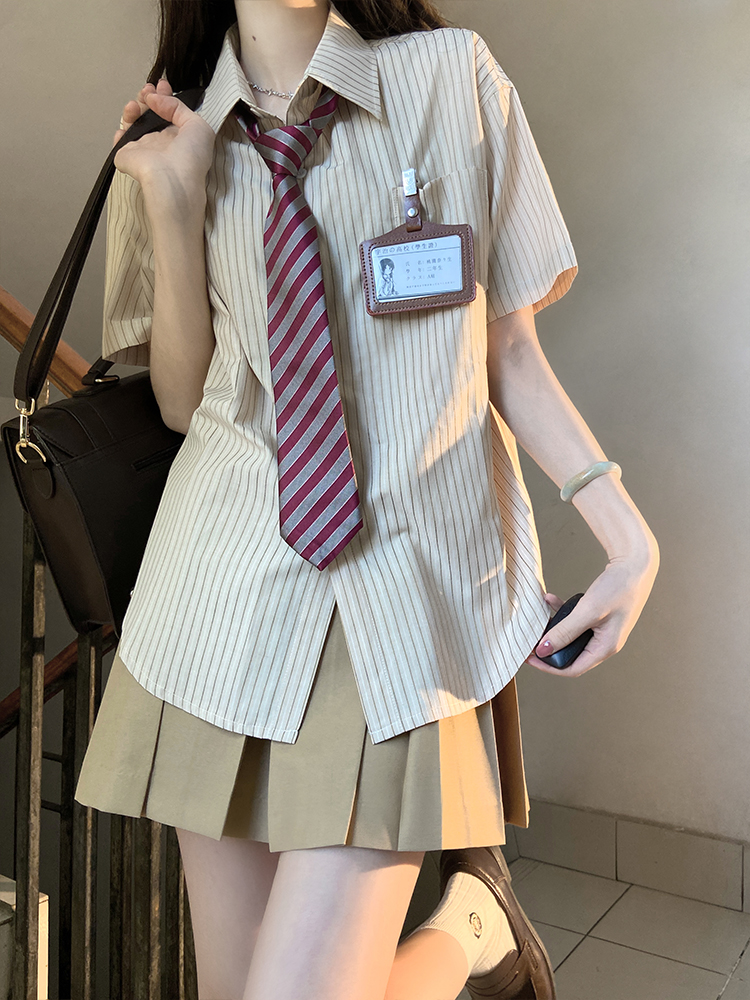 Pudding Bear Striped Long Sleeve JK Shirt Set for Women - Four-Piece Loose Short Sleeve Outfit, Cute Y2K Style Pudding Bear Striped Long Sleeve JK Shirt Set for Women - Four-Piece Loose Short Sleeve Outfit, Cute Y2K Style