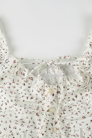 Puff Sleeve Lace-Trimmed Floral Shirt for Women - Cinched Waist Short Sleeve French Cardigan Style - Countryside Town Design