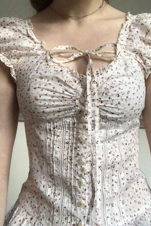 Puff Sleeve Lace-Trimmed Floral Shirt for Women - Cinched Waist Short Sleeve French Cardigan Style - Countryside Town Design