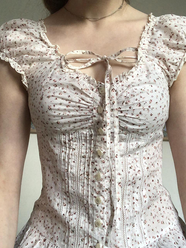 Puff Sleeve Lace-Trimmed Floral Shirt for Women - Cinched Waist Short Sleeve French Cardigan Style - Countryside Town Design Puff Sleeve Lace-Trimmed Floral Shirt for Women - Cinched Waist Short Sleeve French Cardigan Style - Countryside Town Design