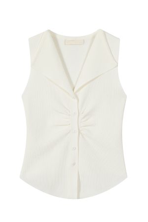 Pumpkin-Colored Sleeveless Knitted T-Shirt with Fitted Waist and Pleated Vest Detail for Women - Perfect for Fall Fashion