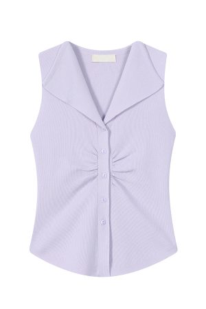 Pumpkin-Colored Sleeveless Knitted T-Shirt with Fitted Waist and Pleated Vest Detail for Women - Perfect for Fall Fashion