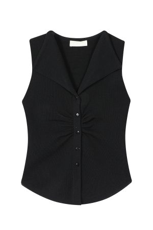 Pumpkin-Colored Sleeveless Knitted T-Shirt with Fitted Waist and Pleated Vest Detail for Women - Perfect for Fall Fashion