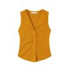 Pumpkin-Colored Sleeveless Knitted T-Shirt with Fitted Waist and Pleated Vest Detail for Women - Perfect for Fall Fashion