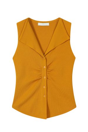 Pumpkin-Colored Sleeveless Knitted T-Shirt with Fitted Waist and Pleated Vest Detail for Women - Perfect for Fall Fashion