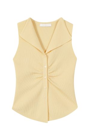 Pumpkin-Colored Sleeveless Knitted T-Shirt with Fitted Waist and Pleated Vest Detail for Women - Perfect for Fall Fashion