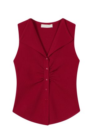 Pumpkin-Colored Sleeveless Knitted T-Shirt with Fitted Waist and Pleated Vest Detail for Women - Perfect for Fall Fashion