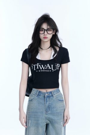 Pure Desire Style Neck Hanging Strap Short Sleeve T-Shirt for Women - Faux Two-Piece Slim Fit Top, Perfect for Y2K and Casual Wear