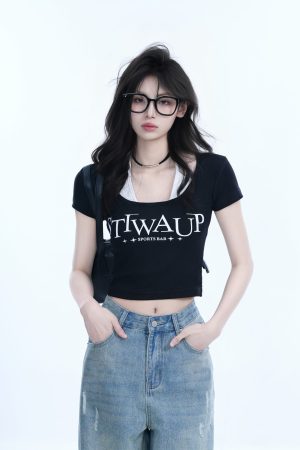 Pure Desire Style Neck Hanging Strap Short Sleeve T-Shirt for Women - Faux Two-Piece Slim Fit Top, Perfect for Y2K and Casual Wear