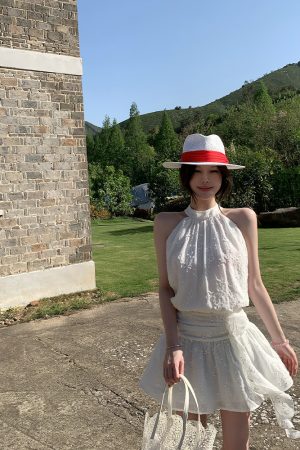 Pure White Magnolia Halter Neck Dress - Summer Waist-Defined French Sleeveless Short Dress for Effortless Chic Style