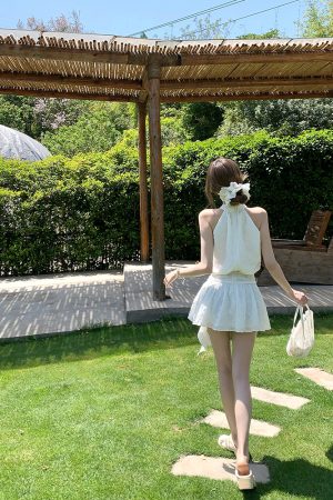 Pure White Magnolia Halter Neck Dress - Summer Waist-Defined French Sleeveless Short Dress for Effortless Chic Style