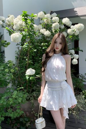 Pure White Magnolia Halter Neck Dress - Summer Waist-Defined French Sleeveless Short Dress for Effortless Chic Style