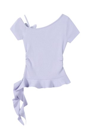 Purple 3D Butterfly Off-Shoulder Knit T-Shirt with Waist-Cinching Fit - Petite Summer Style