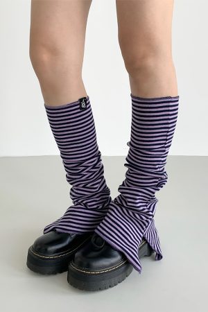Purple-Black Striped Split Socks - Versatile Casual Taro Mud Design for Trendy Y2K Style