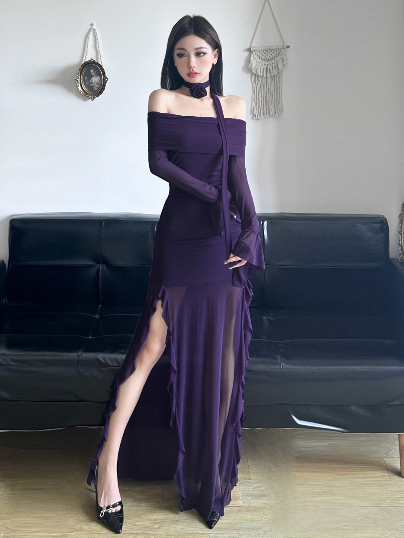 Purple Charm Off-Shoulder Sheer Long Dress with Bell Sleeves - Elegant Split Design for Women, Perfect for Special Occasions Purple Charm Off-Shoulder Sheer Long Dress with Bell Sleeves - Elegant Split Design for Women, Perfect for Special Occasions