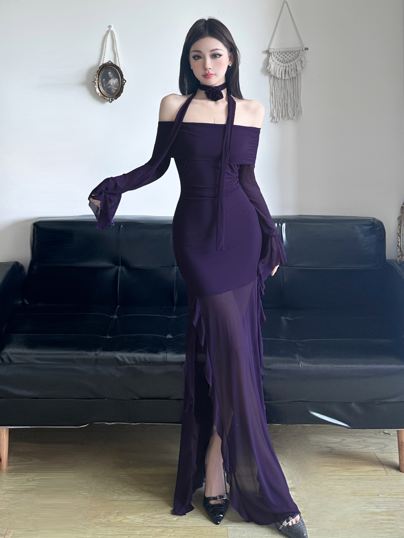Purple Charm Off-Shoulder Sheer Long Dress with Bell Sleeves - Elegant Split Design for Women, Perfect for Special Occasions Purple Charm Off-Shoulder Sheer Long Dress with Bell Sleeves - Elegant Split Design for Women, Perfect for Special Occasions