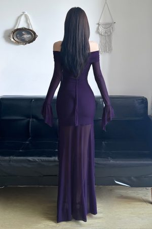 Purple Charm Off-Shoulder Sheer Long Dress with Bell Sleeves - Elegant Split Design for Women, Perfect for Special Occasions