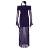 Purple Charm Off-Shoulder Sheer Long Dress with Bell Sleeves - Elegant Split Design for Women, Perfect for Special Occasions