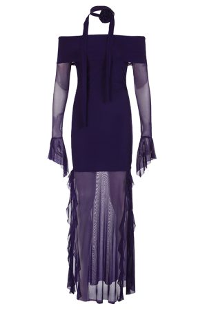 Purple Charm Off-Shoulder Sheer Long Dress with Bell Sleeves - Elegant Split Design for Women, Perfect for Special Occasions