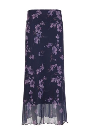 Purple Floral Mesh Long Skirt - Retro Chinese Style Low Waist Vintage Maxi Skirt for Women, Y2K Inspired Fashion