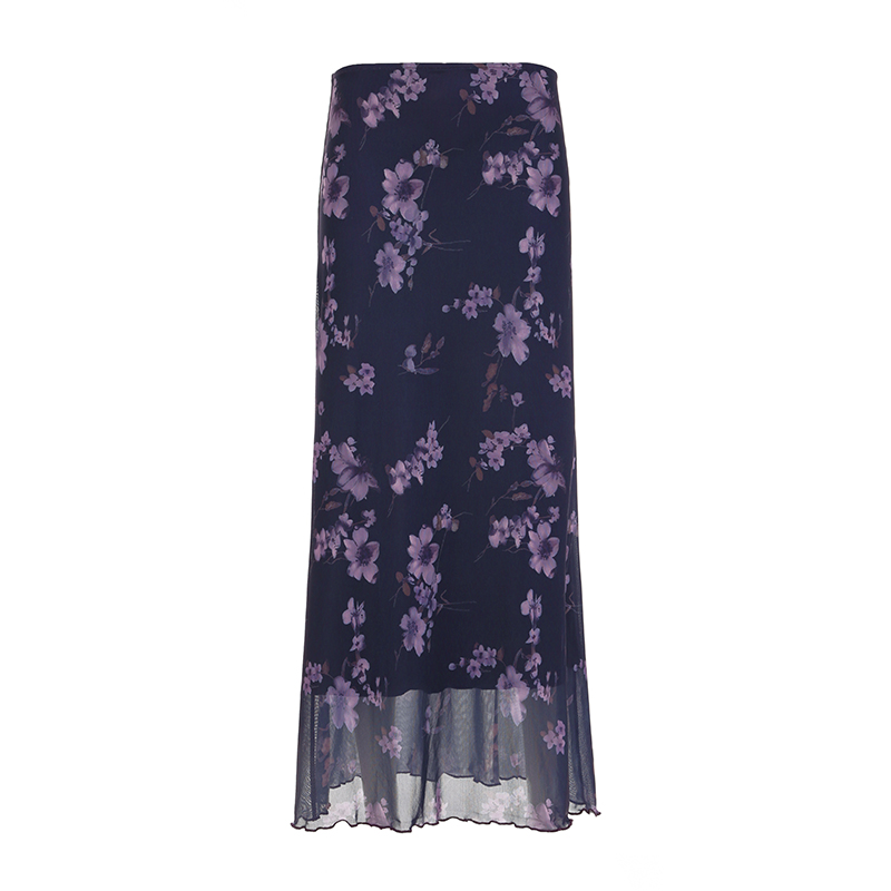 Purple Floral Mesh Long Skirt - Retro Chinese Style Low Waist Vintage Maxi Skirt for Women, Y2K Inspired Fashion Purple Floral Mesh Long Skirt - Retro Chinese Style Low Waist Vintage Maxi Skirt for Women, Y2K Inspired Fashion