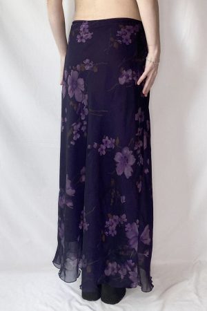 Purple Floral Mesh Long Skirt - Retro Chinese Style Low Waist Vintage Maxi Skirt for Women, Y2K Inspired Fashion