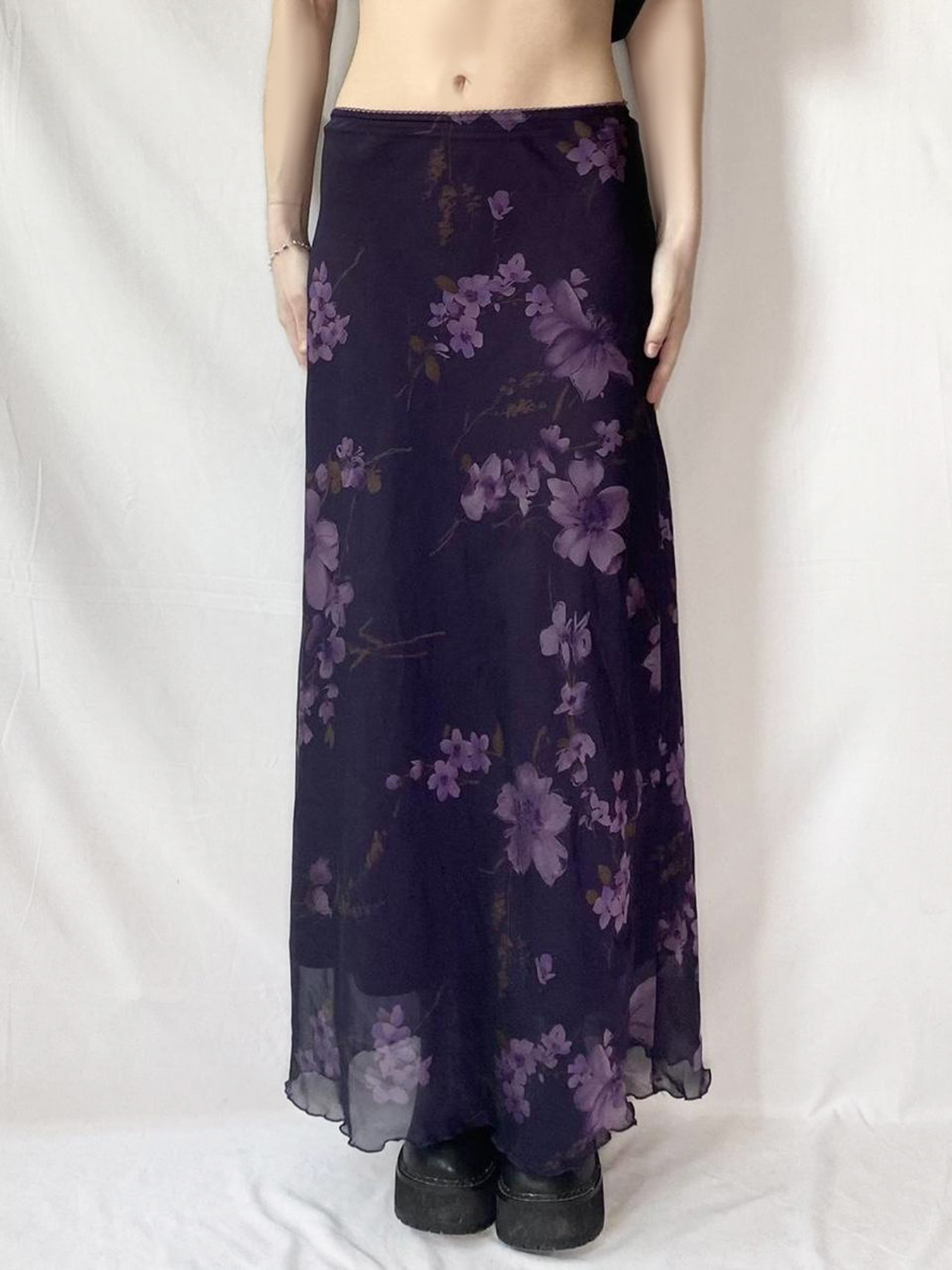 Purple Floral Mesh Long Skirt - Retro Chinese Style Low Waist Vintage Maxi Skirt for Women, Y2K Inspired Fashion Purple Floral Mesh Long Skirt - Retro Chinese Style Low Waist Vintage Maxi Skirt for Women, Y2K Inspired Fashion