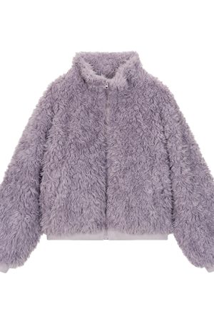 Purple Fluffy Long Lamb Wool Coat for Autumn & Winter, Loose Versatile Short Stand-Up Collar Outerwear