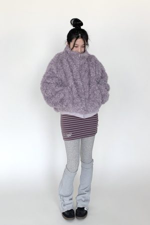 Purple Fluffy Long Lamb Wool Coat for Autumn & Winter, Loose Versatile Short Stand-Up Collar Outerwear