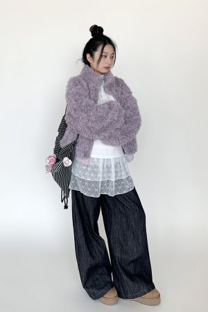 Purple Fluffy Long Lamb Wool Coat for Autumn & Winter, Loose Versatile Short Stand-Up Collar Outerwear