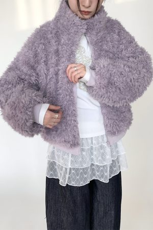 Purple Fluffy Long Lamb Wool Coat for Autumn & Winter, Loose Versatile Short Stand-Up Collar Outerwear
