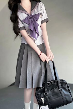 Purple Pudding Bear JK Uniform Sailor Suit - Japanese College Style Waist-Defined Navy Collar Set for Trendy Y2K Fashion