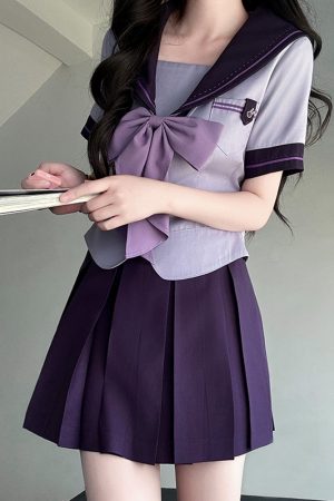 Purple Pudding Bear JK Uniform Sailor Suit with Dotted Navy Collar, College Style, Waist-Defining Slim Fit, Y2K Aesthetic