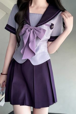 Purple Pudding Bear JK Uniform Sailor Suit with Dotted Navy Collar, College Style, Waist-Defining Slim Fit, Y2K Aesthetic