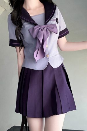Purple Pudding Bear JK Uniform Sailor Suit with Dotted Navy Collar, College Style, Waist-Defining Slim Fit, Y2K Aesthetic