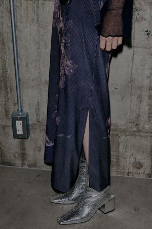 Purple Rose Print Vintage High Waist Split Midi Skirt for Women - H-Line Design, 90s Inspired Floral Style