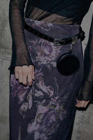 Purple Rose Print Vintage High Waist Split Midi Skirt for Women - H-Line Design, 90s Inspired Floral Style