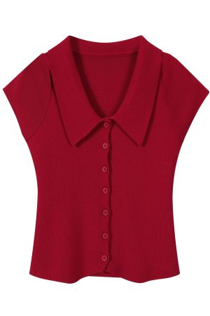 Purple Waist-Cinching Short-Sleeve Knitted Polo Shirt for Women - Summer Flutter Sleeve T-Shirt for a Youthful Look