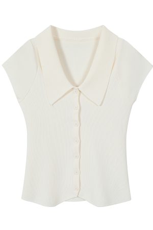 Purple Waist-Cinching Short-Sleeve Knitted Polo Shirt for Women - Summer Flutter Sleeve T-Shirt for a Youthful Look