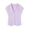 Purple Waist-Cinching Short-Sleeve Knitted Polo Shirt for Women - Summer Flutter Sleeve T-Shirt for a Youthful Look