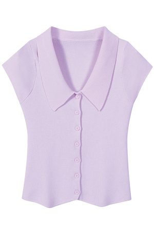 Purple Waist-Cinching Short-Sleeve Knitted Polo Shirt for Women - Summer Flutter Sleeve T-Shirt for a Youthful Look