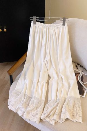 Qipao-Style Wide-Leg Leggings for Forest Girls, Japanese Fresh Style, Elastic Waist, Lace Trim, Cotton-Linen Spliced Pants