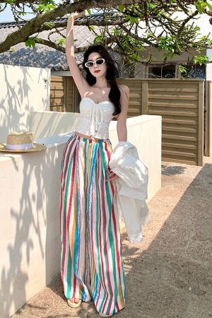 Rainbow Striped Wide-Leg Pants for Beach Vacation â€“ Floor-Length Linen Pants with Sun Protection Cardigan in Lazy Style