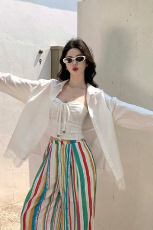 Rainbow Striped Wide-Leg Pants for Beach Vacation â€“ Floor-Length Linen Pants with Sun Protection Cardigan in Lazy Style